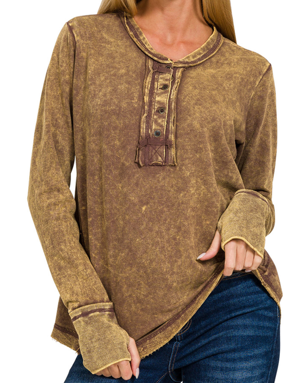 WASHED THUMB HOLE CUFFS BUTTON CLOSURE LONG SLEEVE TOP