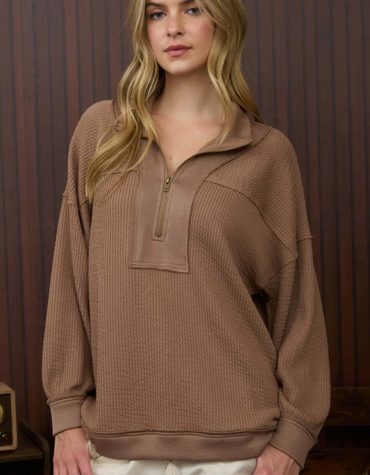 HALF ZIP COLLARED LONG SLEEVE WAFFLE KNIT TOP