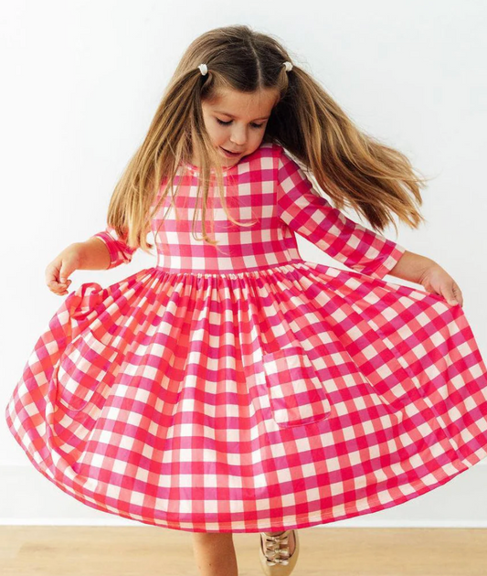 Hot Pink Gingham 3/4 Sleeve Pocket Twirl Dress