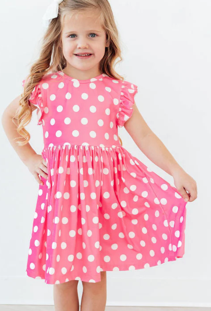 Pink Polka Dots Flutter Sleeve Twirl Dress