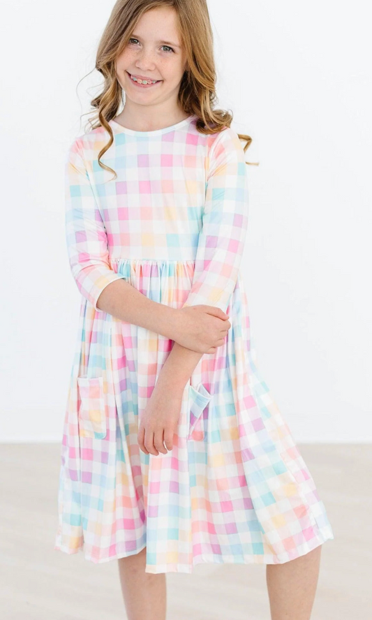 Pastel Plaid 3/4 Sleeve Pocket Twirl Dress
