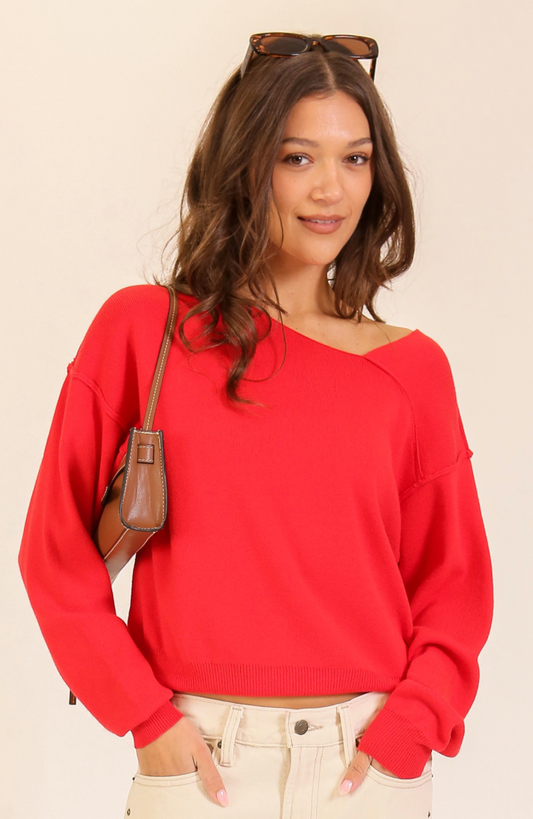 Red Asymmetric Soft Knit Sweater