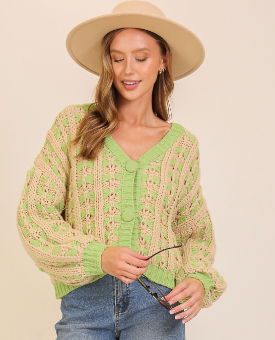 Chunky Lattice Knit Button-front Cardigan