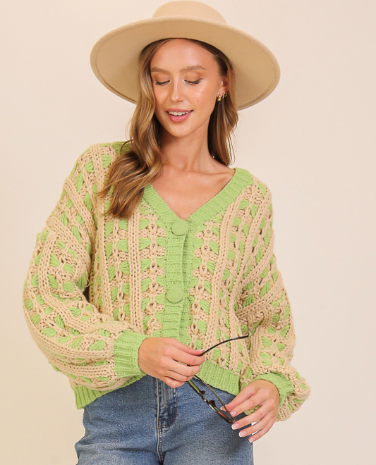 Chunky Lattice Knit Button-front Cardigan