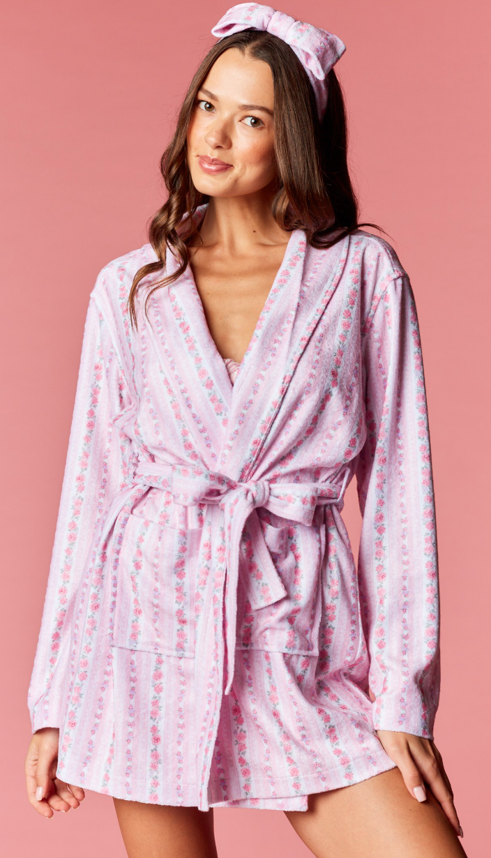 Rose Stripe Floral Belted Robe & Head Band Set