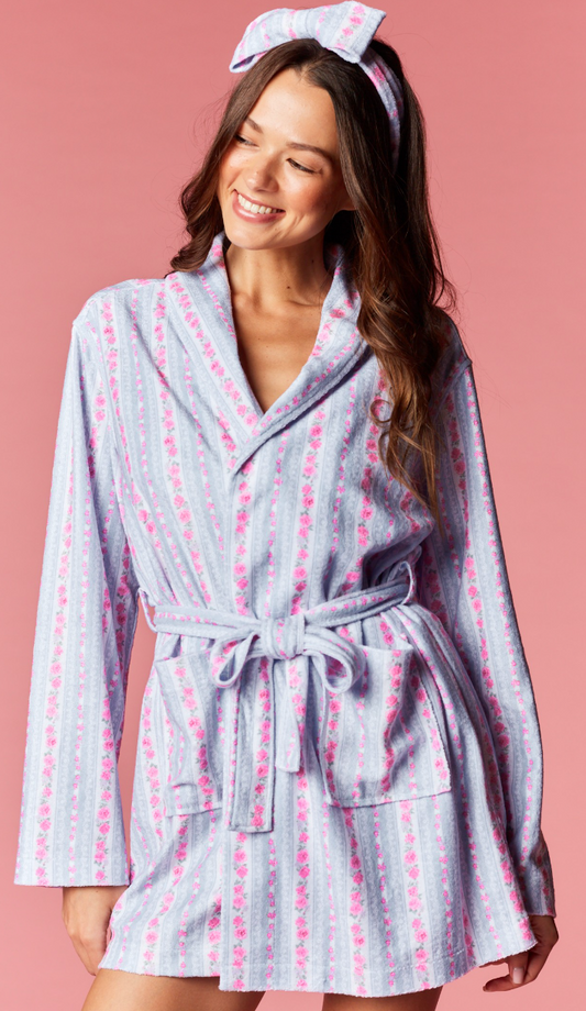 Rose Stripe Floral Belted Robe & Head Band Set