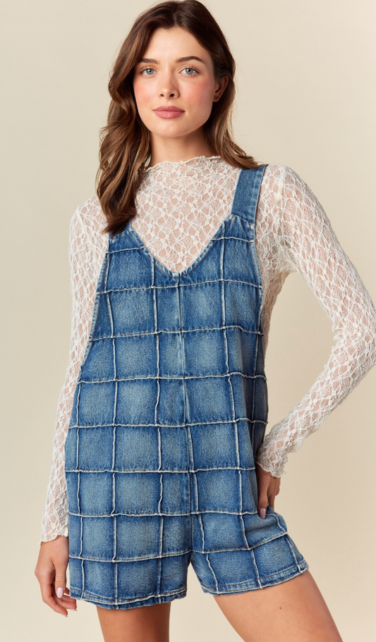 Grid Patchwork Denim Romper