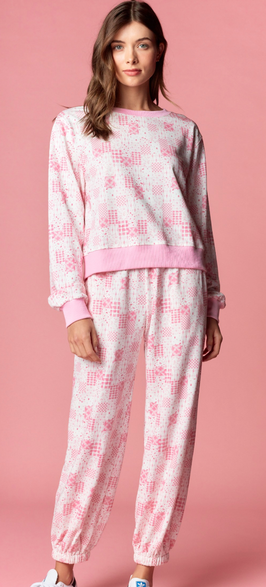 Pink Patchwork Print Lounge Set