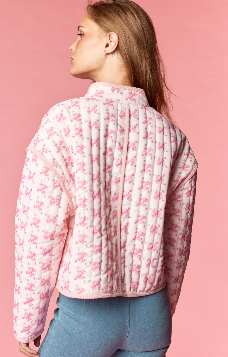 Pink Floral Heart Pocket Quilted Jacket