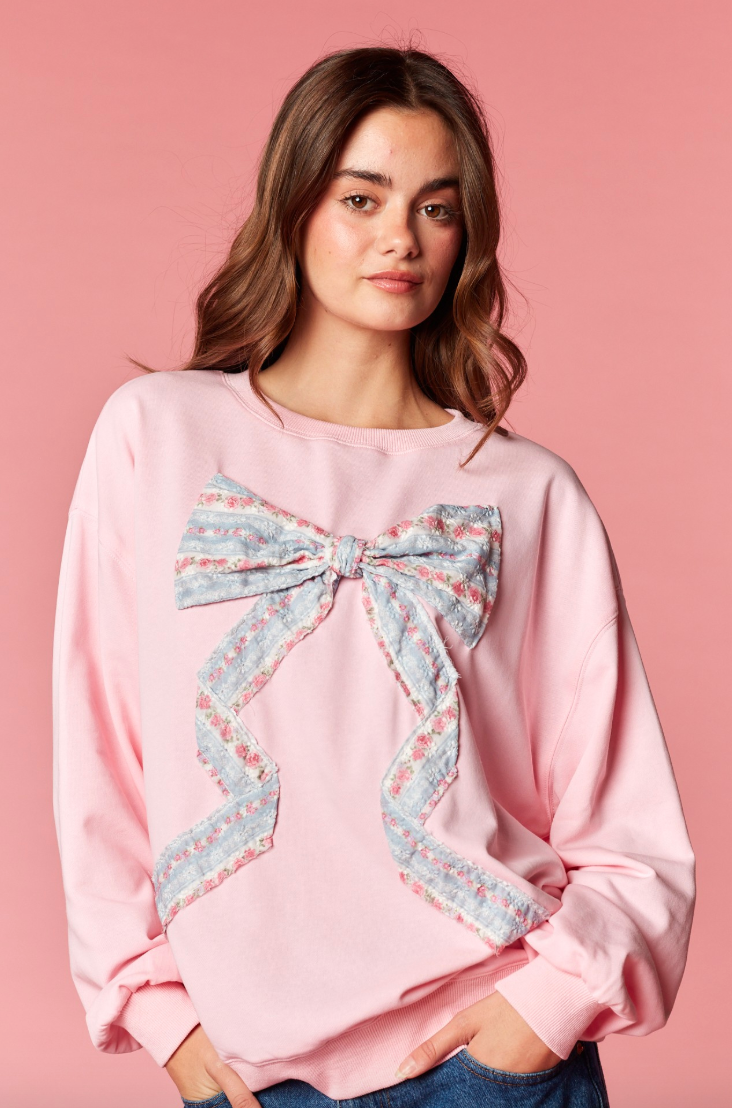 Floral Bow Applique Sweatshirt Top