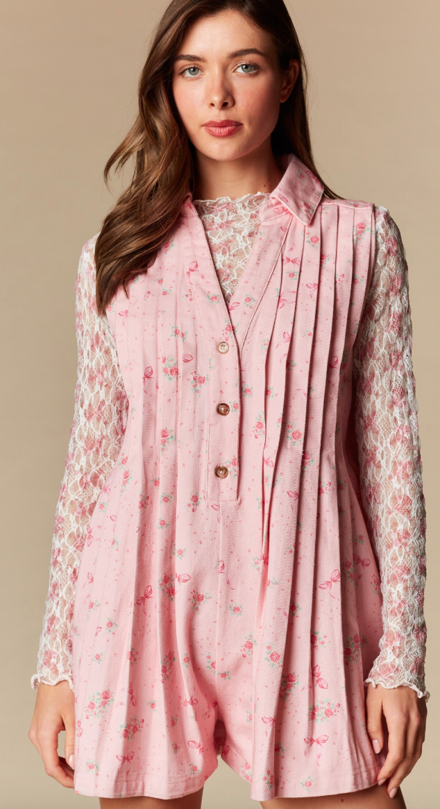 Floral Pleated Collared Romper