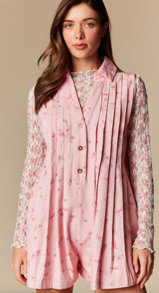 Floral Pleated Collared Romper