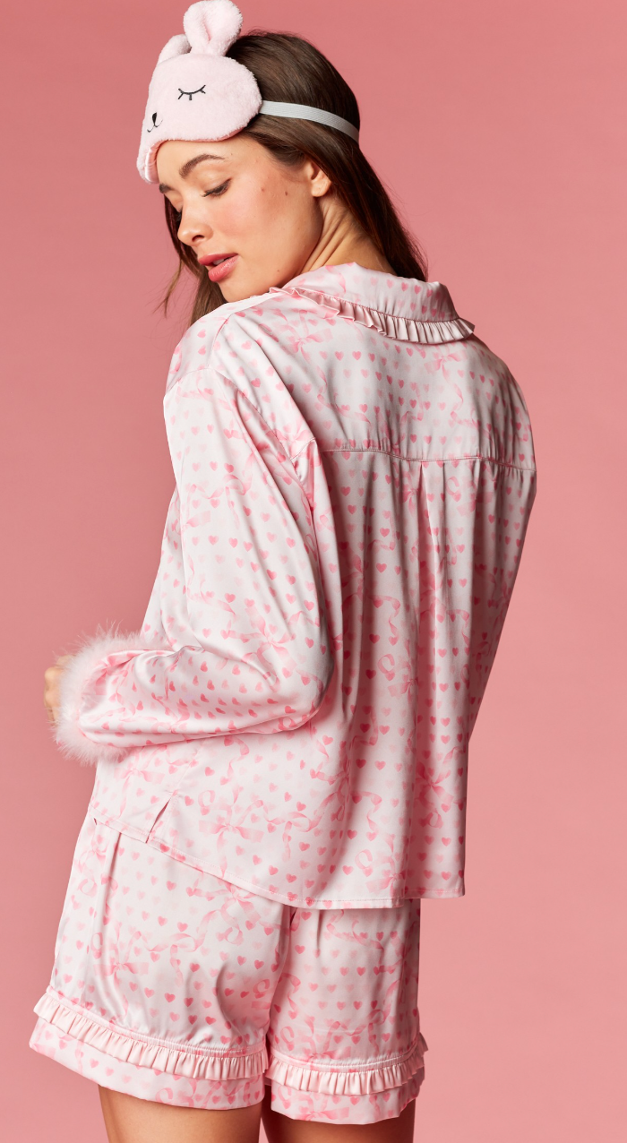 Pink Heart Ribbon Satin Pajama Set