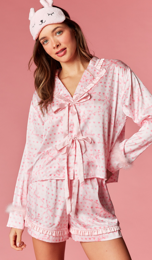 Pink Heart Ribbon Satin Pajama Set