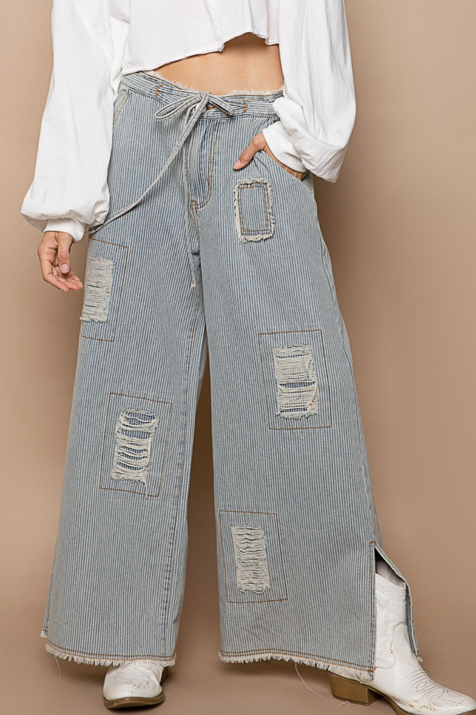 Distressed Waist Strape Stripe Denim Wide Pants