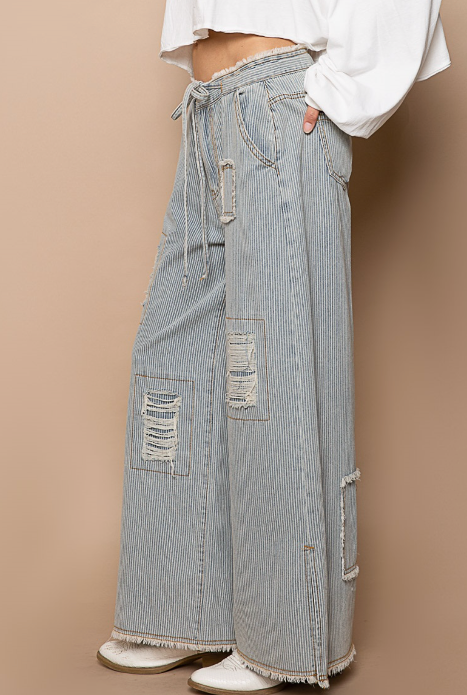 Distressed Waist Strape Stripe Denim Wide Pants