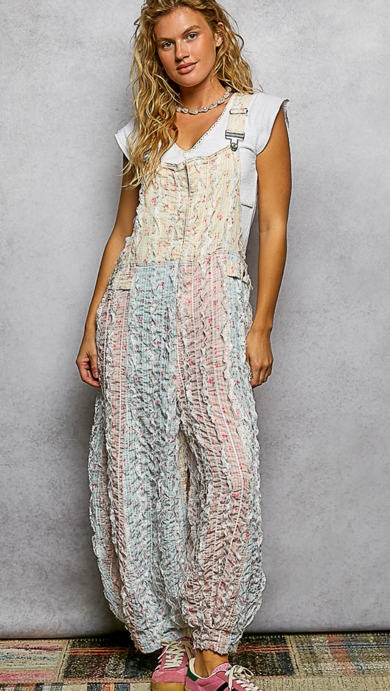 Boho Floral Print Lace Trim Woven Front Zip Overall