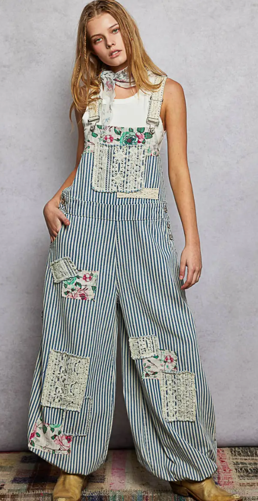 Printed Lace Patch Trim Strap Relaxed Fit Jogger Overall