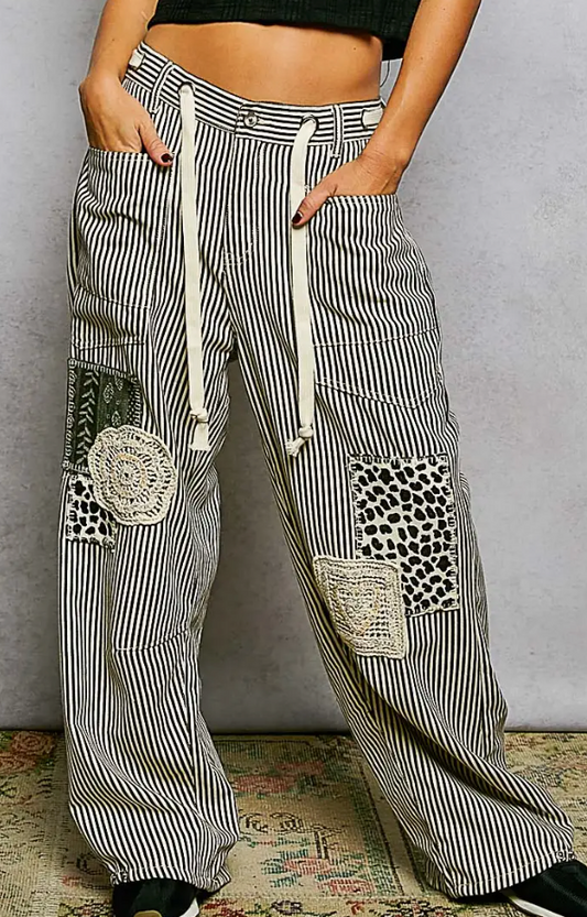 Twill Denim Patchwork Straight Pants
