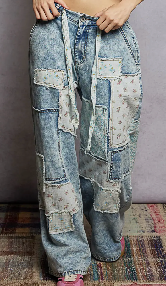 Patchwork Detail Denim Straight Fit Pants