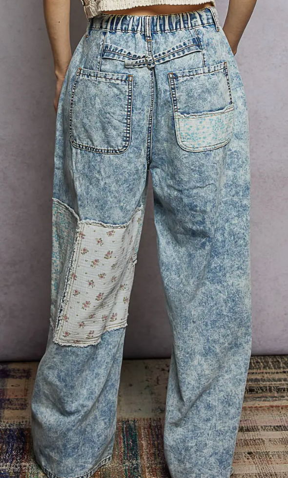 Patchwork Detail Denim Straight Fit Pants