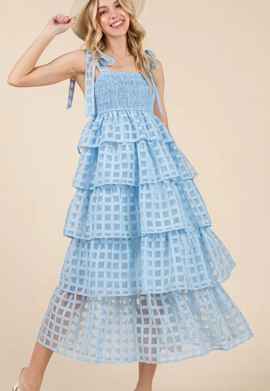 Checker Organza Layer Tiered Midi Sundress