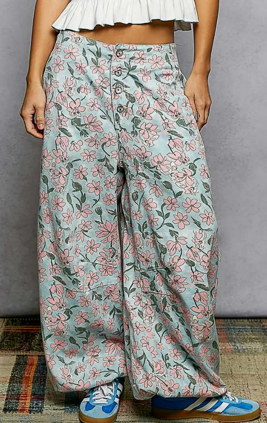 Vintage Washing Printed Twill Relaxed Fit Floral Pants