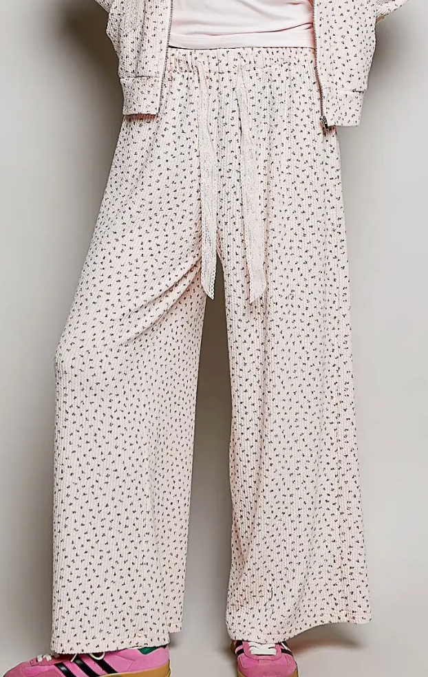 Casual Lace Trim Floral Print Wide Leg Knit Pants