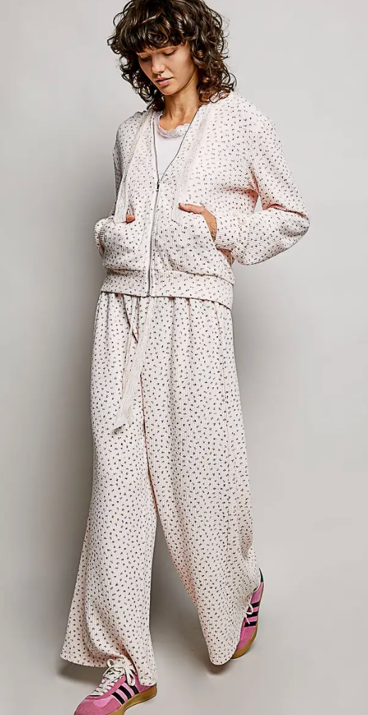 Casual Lace Trim Floral Print Wide Leg Knit Pants