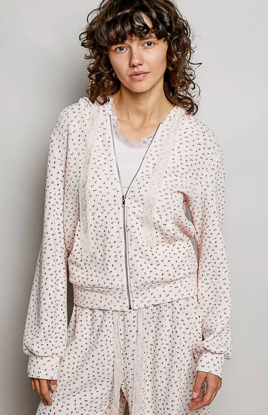 Lace Trim Loop Zip Up Floral Hoodie Jacket Top