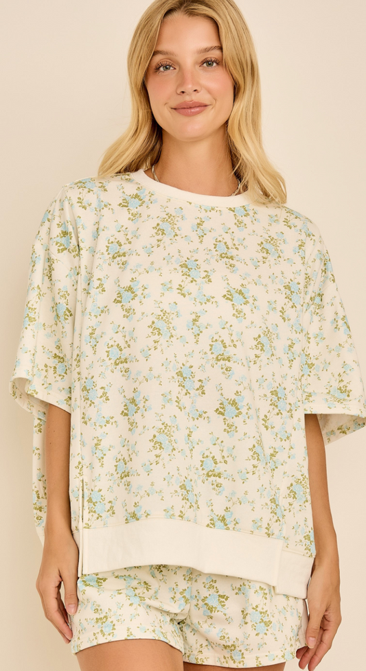 Floral Printed Oversized Knit Top Shorts Set