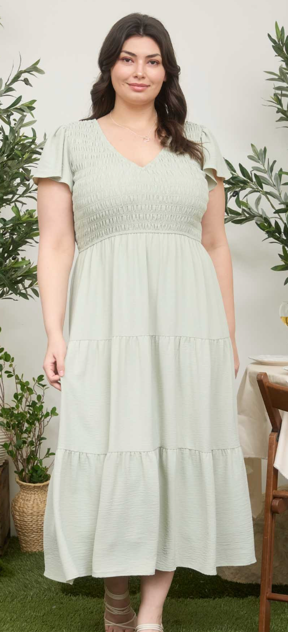 Curvy Flutter Sleeve V Neck Smocked Midi Dress