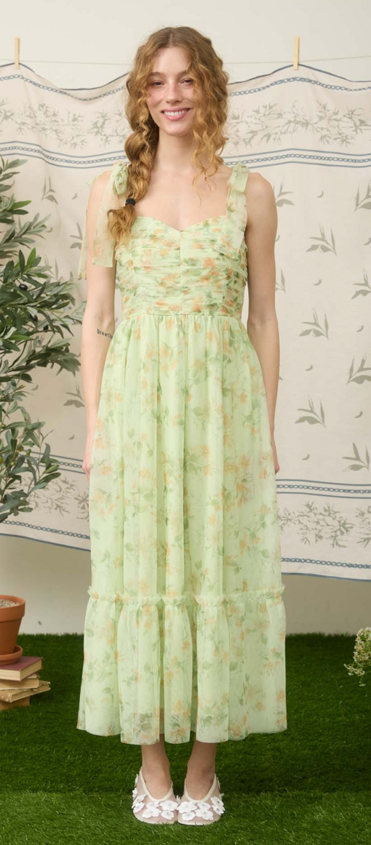 Floral Shirred Bodice Sleeveless Midi Dress