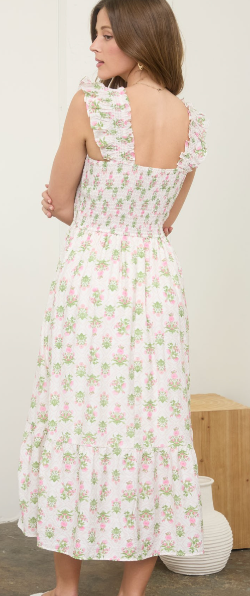 Floral Tile Pattern Smocked Sleeveless Midi Dress