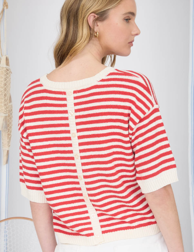 Stripe Contrast Trim Short Sleeve Knit Sweater