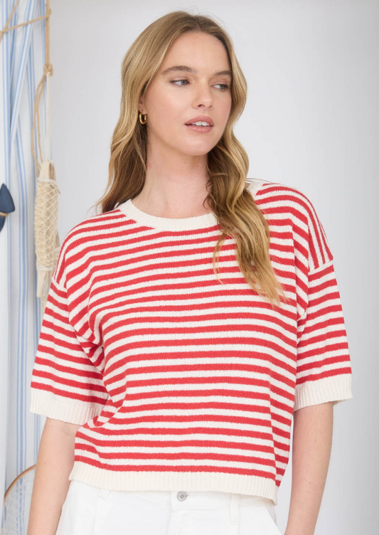 Stripe Contrast Trim Short Sleeve Knit Sweater