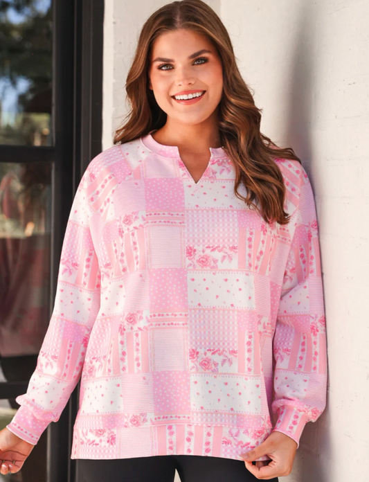 Riley French Terry Pullover- Pink Patchwork