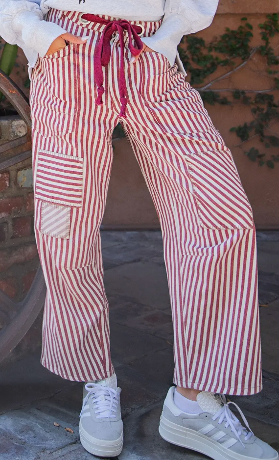 Red Striped Drawstring Barrel Pants