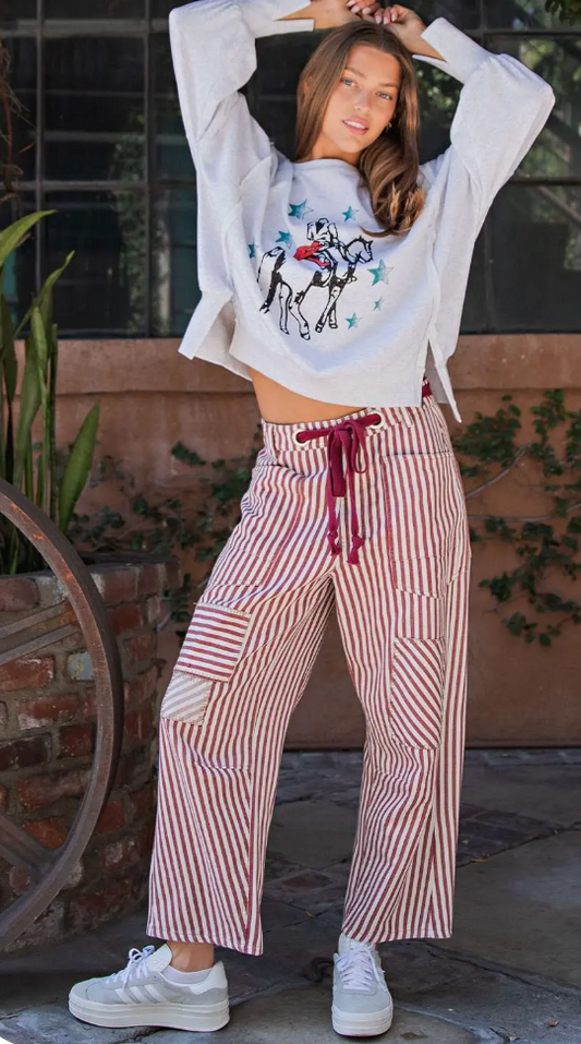 Red Striped Drawstring Barrel Pants