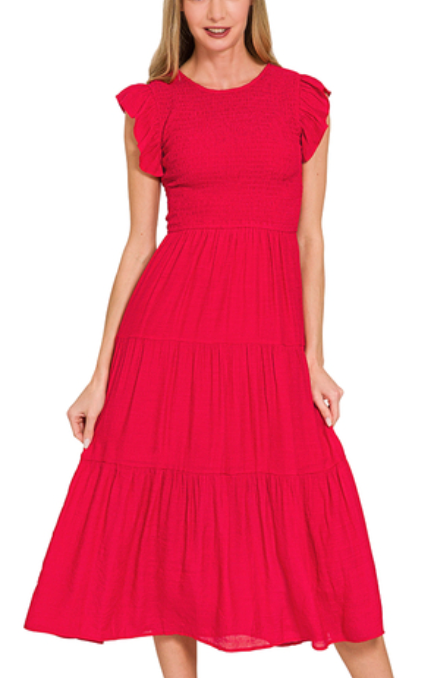 Woven smocked ruffle sleeve midi dress