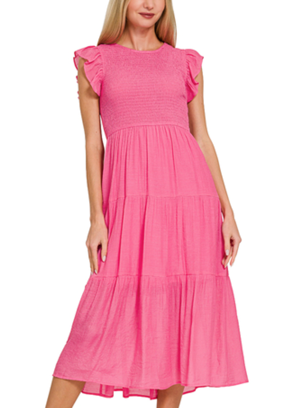 Woven smocked ruffle sleeve midi dress