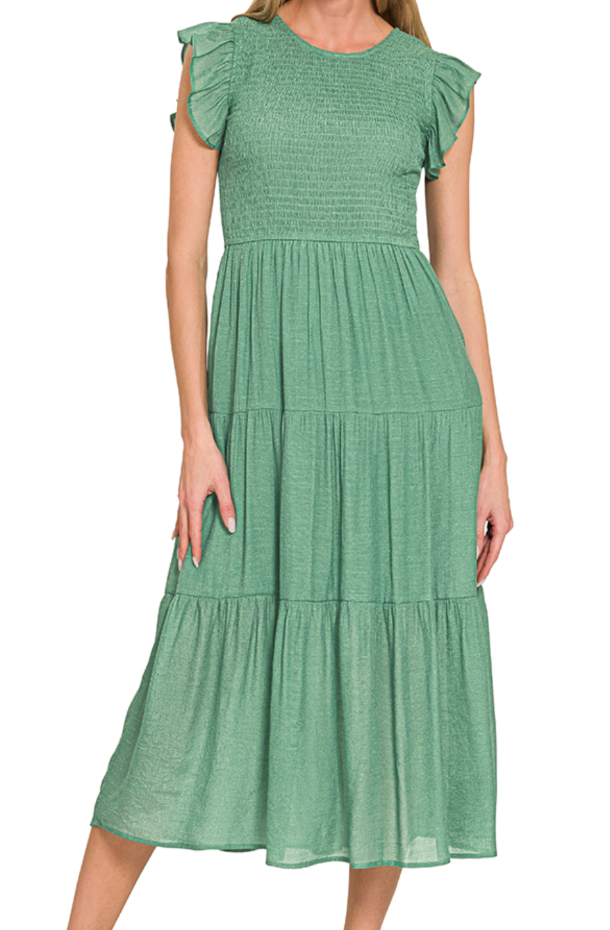 Woven smocked ruffle sleeve midi dress