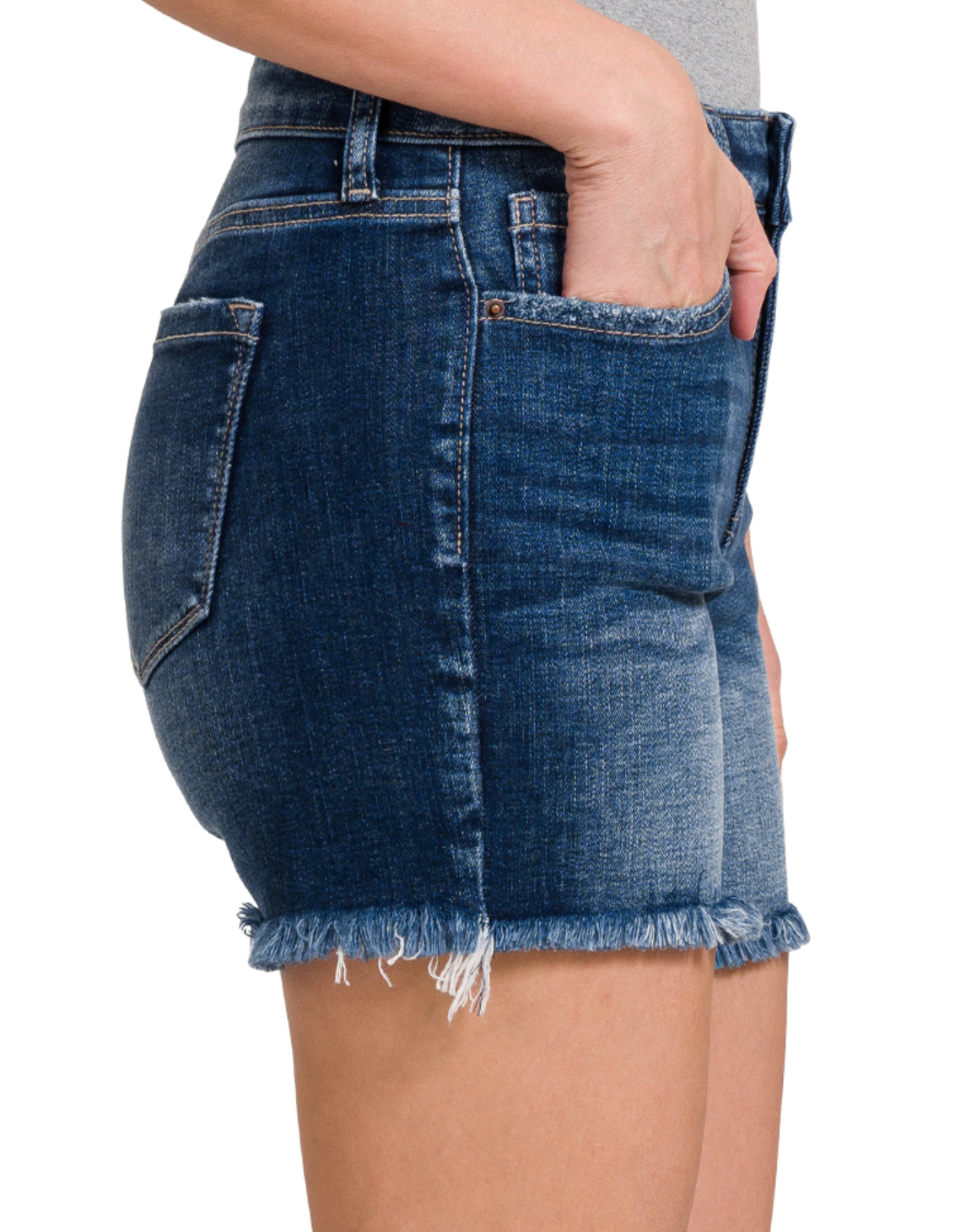 Mid rise raw frayed hem denim shorts