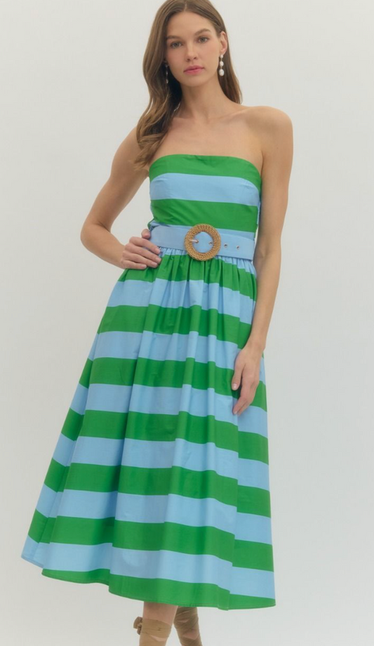 Striped strapless midi dress