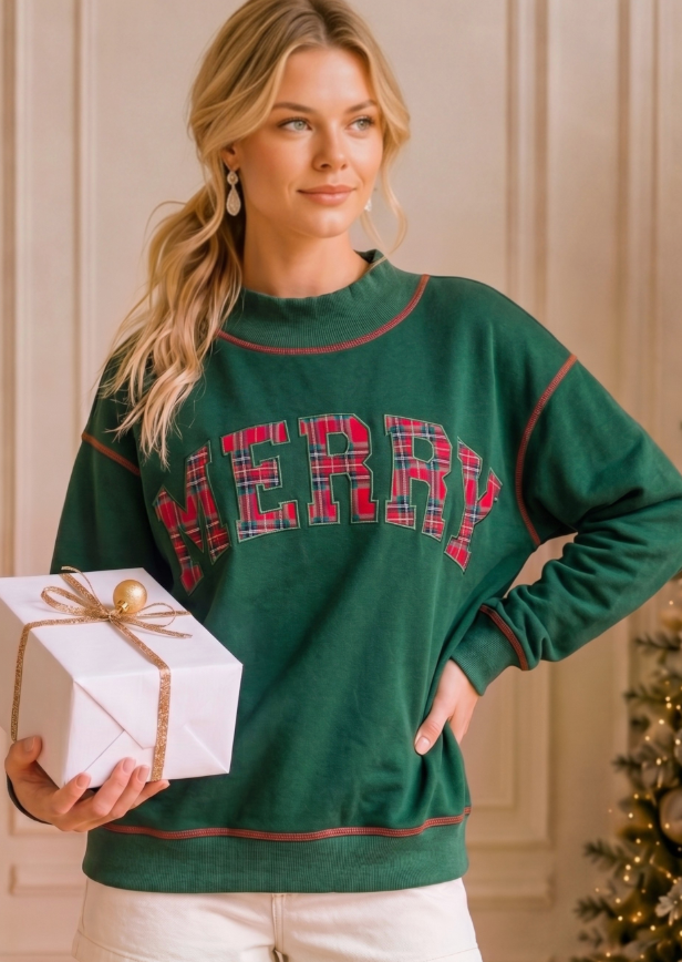 Merry Plaid Patch Holiday Sweatshirt