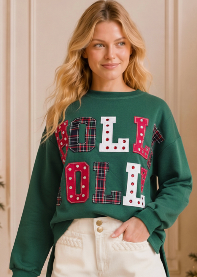 Holly Jolly Patchwork Graphic Holiday Sweatshirt