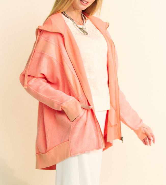 Peach Orange Heavy Waffle Knit Hooded Jacket