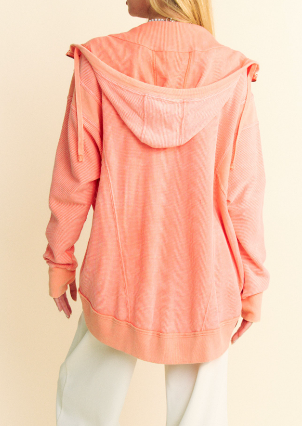 Peach Orange Heavy Waffle Knit Hooded Jacket