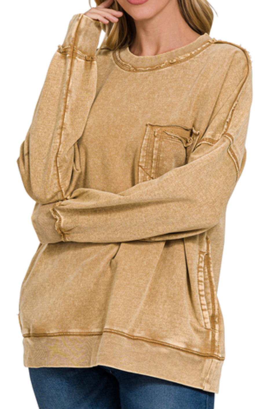 Terry acid wash raw edge front pocket pullover