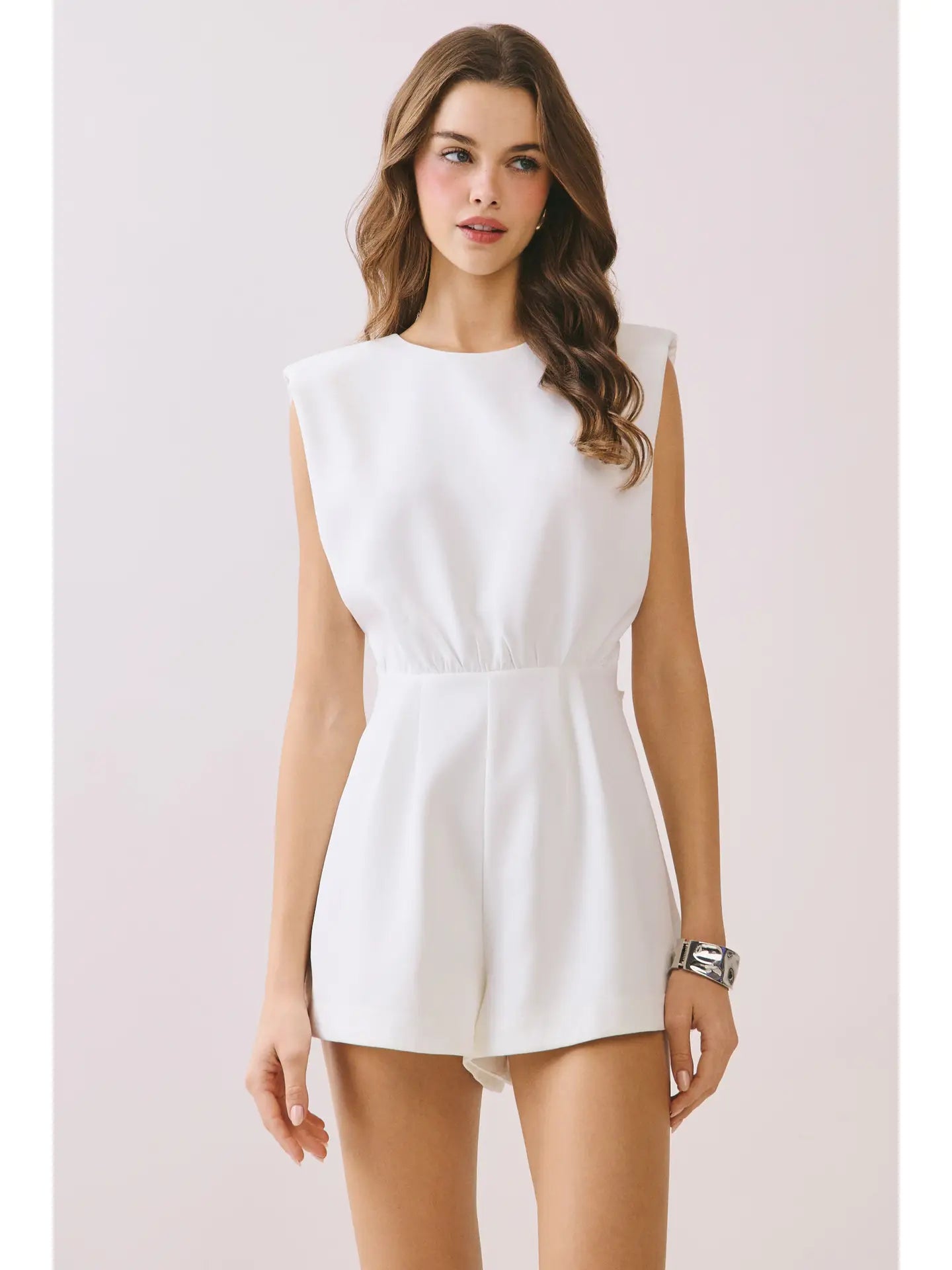 Padded Shoulders Elasticized Waist Back Tie Romper